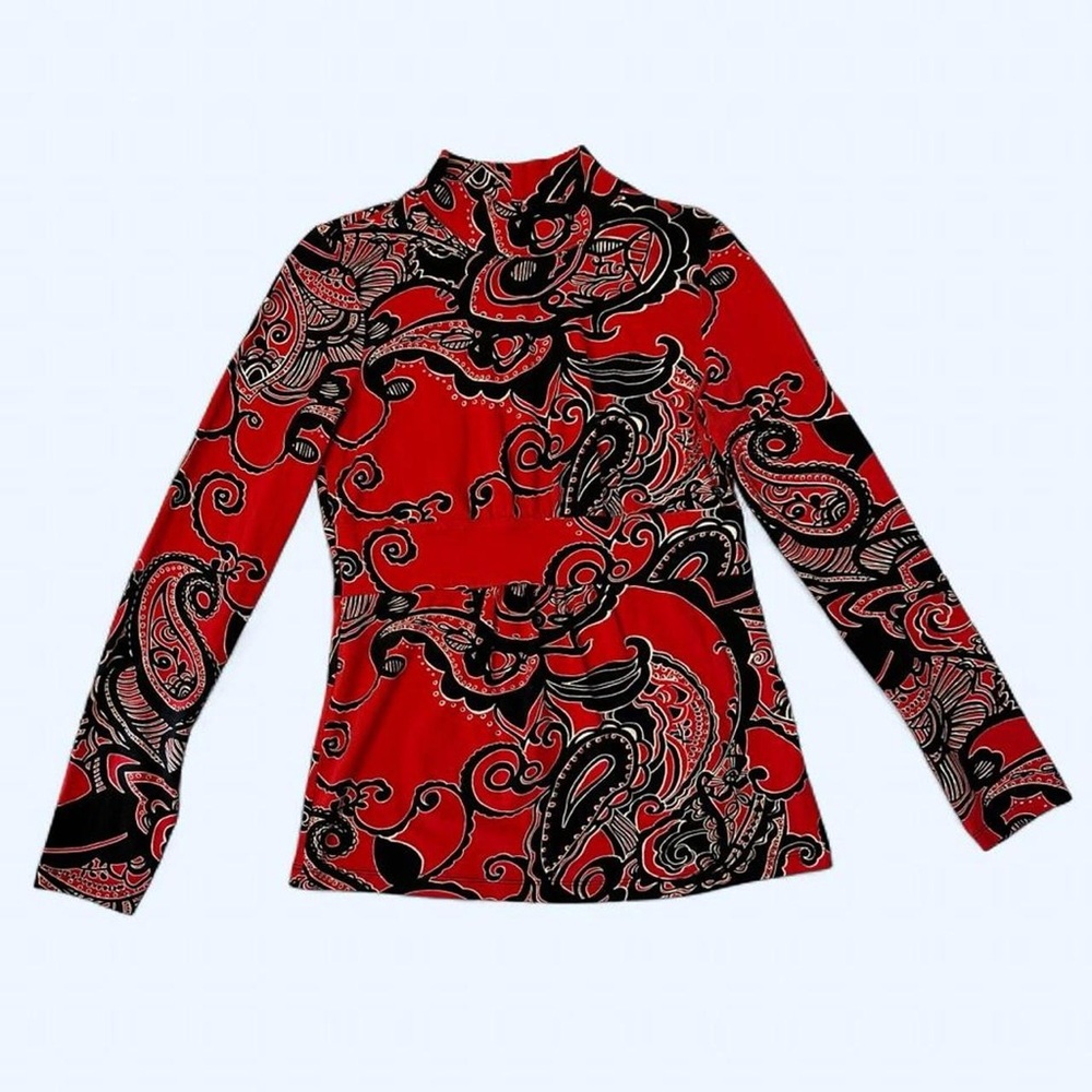 Red + Black Abstract Paisley Print Mock Neck Long Sleeve Top by Jones New York - Picture 2 of 8